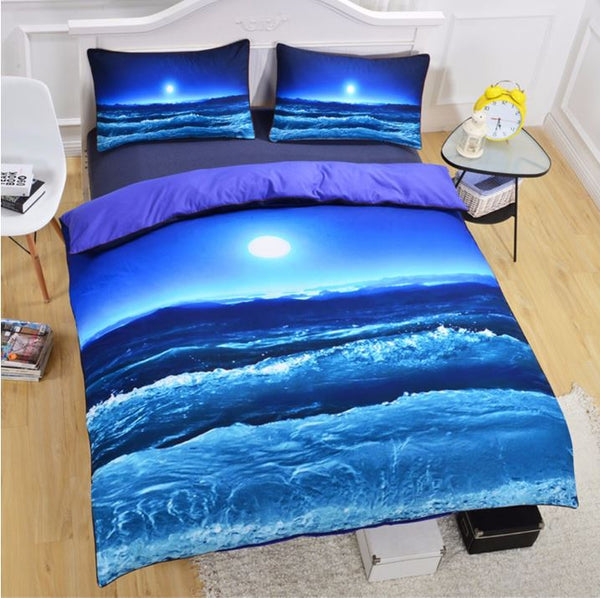 Moon and Ocean 3D Soft Blue Bedding Set