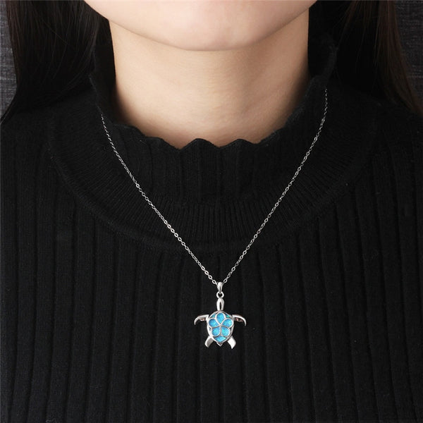 925 Sterling Silver Blue Opal Crystal Sea Turtle Pendant Necklace