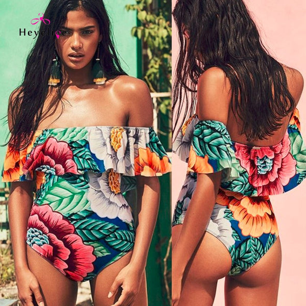 Floral Ruffle Off Shoulder Swimwear
