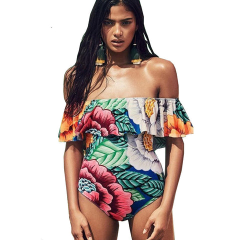 Floral Ruffle Off Shoulder Swimwear