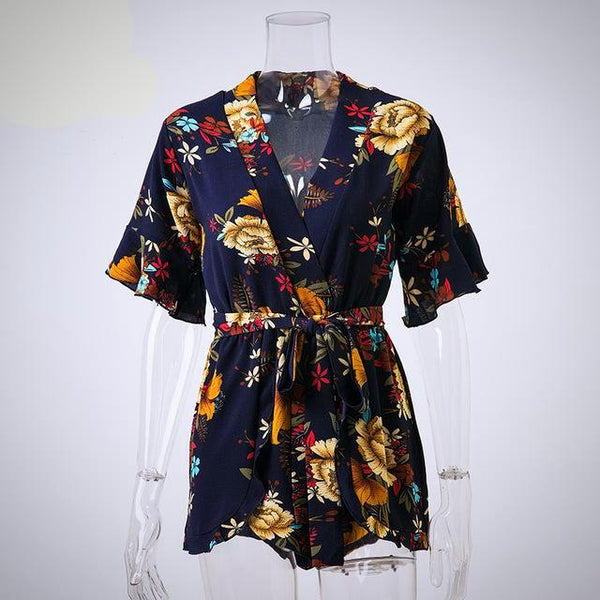 Boho Floral Print Ruffles Jumpsuit