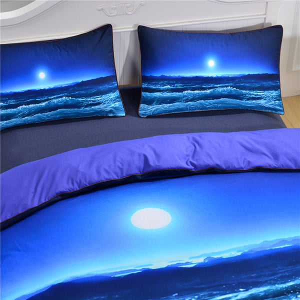 Moon and Ocean 3D Soft Blue Bedding Set