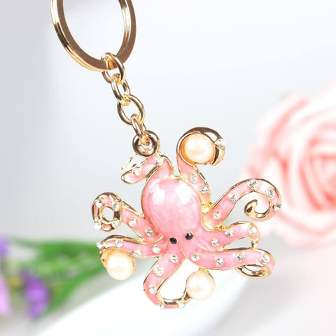 Pink Octopus Crystal Keychain