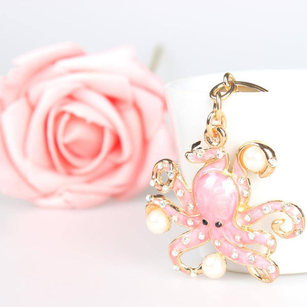 Pink Octopus Crystal Keychain