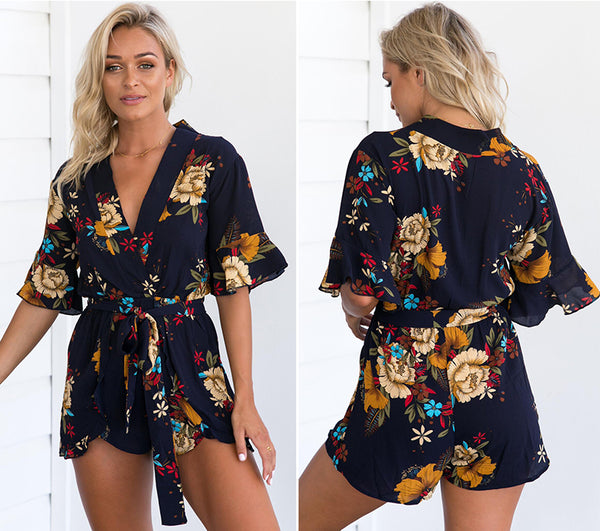 Boho Floral Print Ruffles Jumpsuit