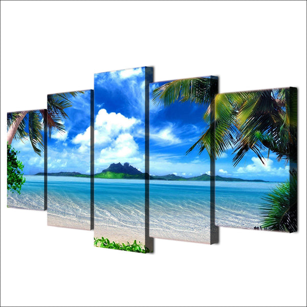 Limited Edition 5 Piece Blue Ocean & Palm Trees Canvas