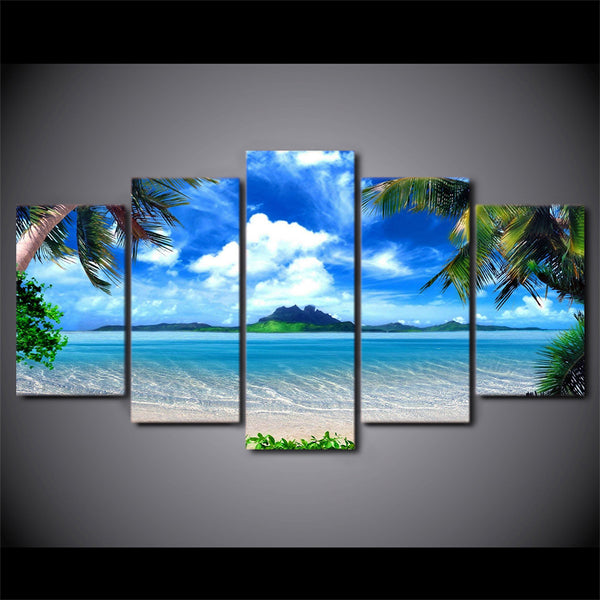 Limited Edition 5 Piece Blue Ocean & Palm Trees Canvas