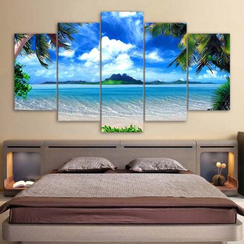 Limited Edition 5 Piece Blue Ocean & Palm Trees Canvas