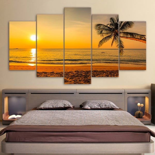 Limited Edition 5 Piece Beach Sunset With Palm Tree Canvas