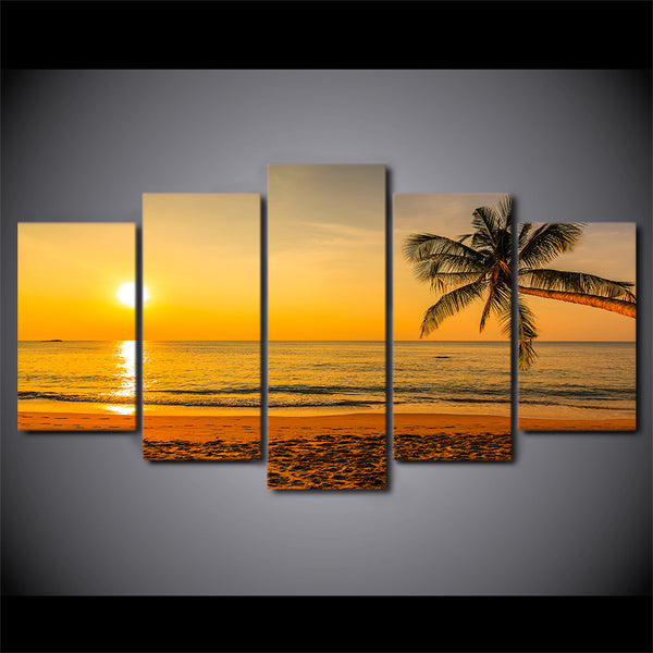 Limited Edition 5 Piece Beach Sunset With Palm Tree Canvas