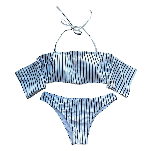 Off Shoulder Navy Striped Bikini