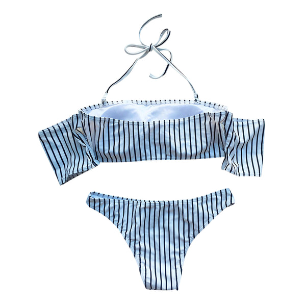 Off Shoulder Navy Striped Bikini