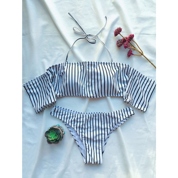 Off Shoulder Navy Striped Bikini