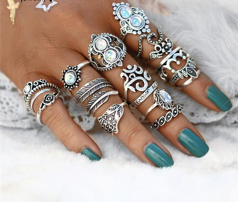 Bohemian Crown Opal Knuckle Ring Set