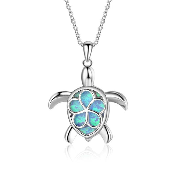 925 Sterling Silver Blue Opal Crystal Sea Turtle Pendant Necklace