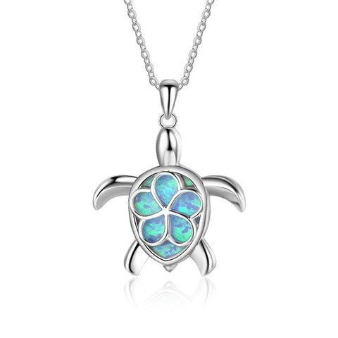 925 Sterling Silver Blue Opal Crystal Sea Turtle Pendant Necklace
