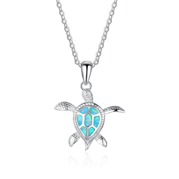925 Sterling Silver Blue Opal Crystal Sea Turtle Pendant Necklace