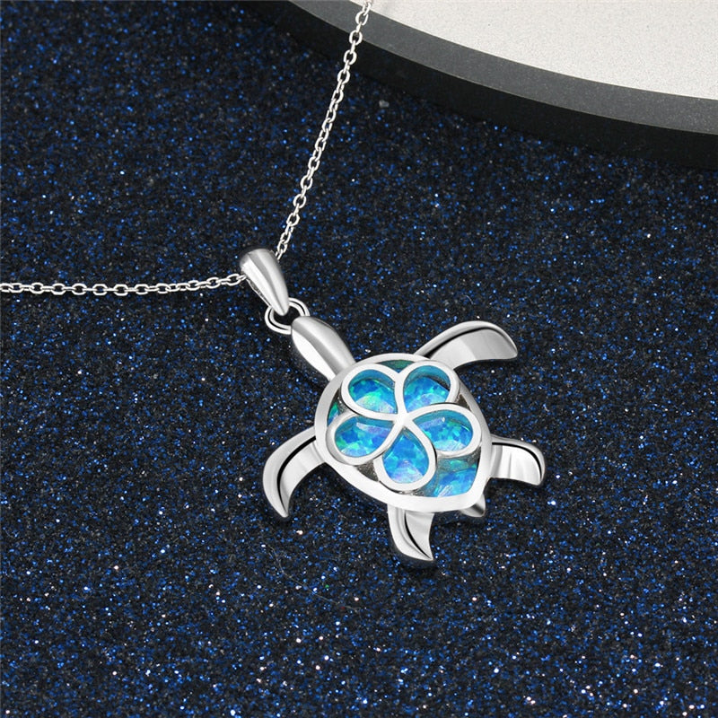 925 Sterling Silver Blue Opal Crystal Sea Turtle Pendant Necklace