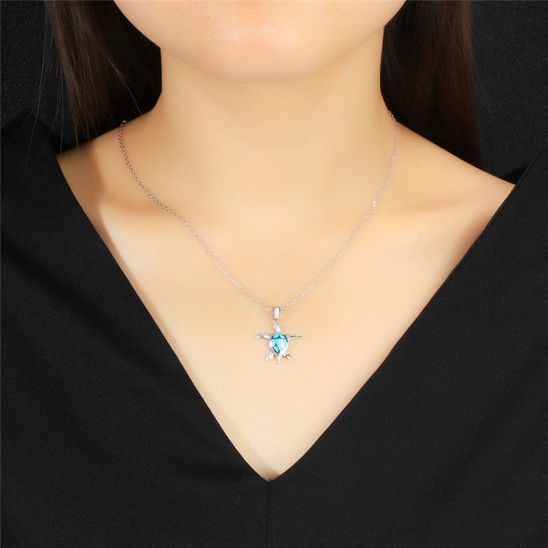 925 Sterling Silver Blue Opal Crystal Sea Turtle Pendant Necklace